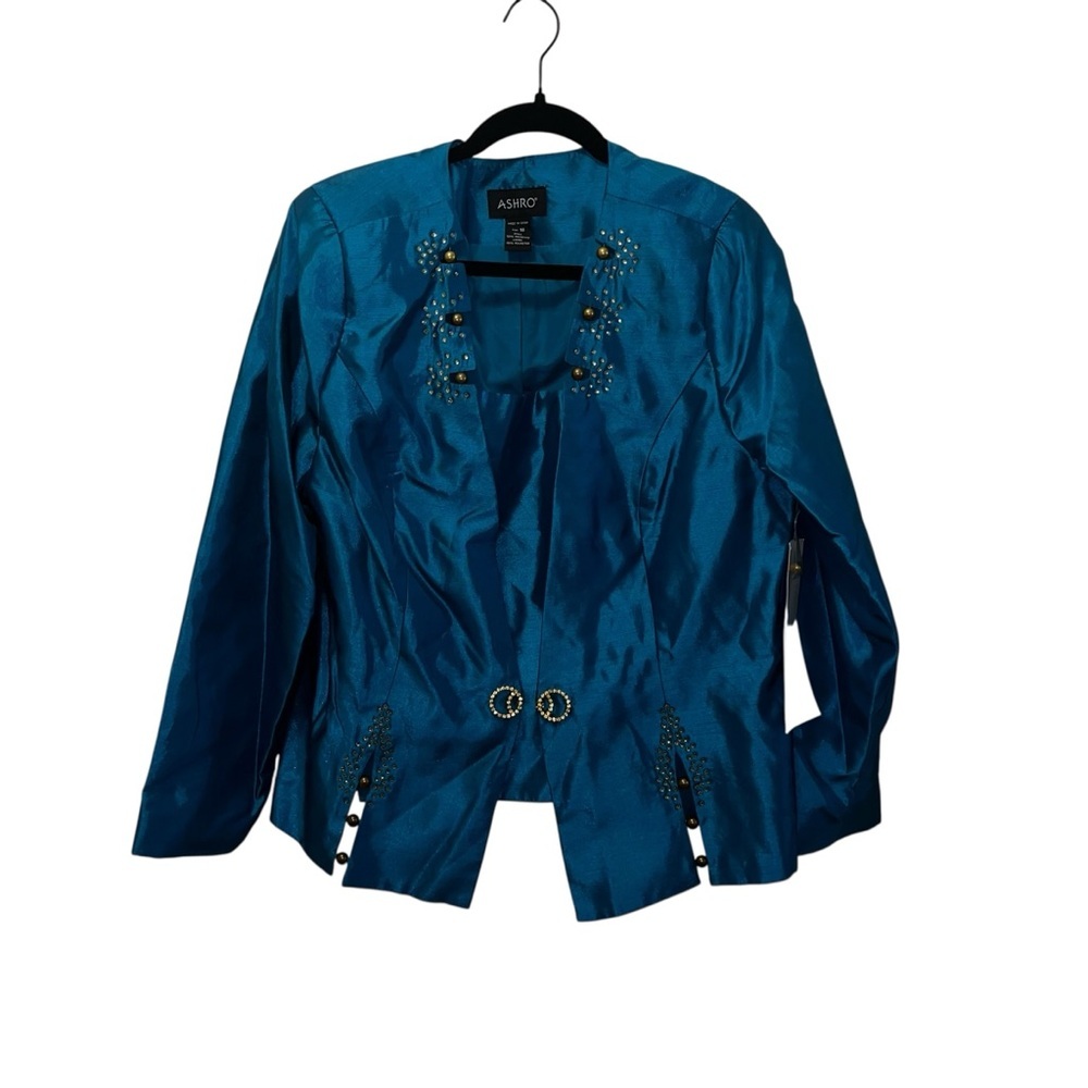 Ashro evening blazer jacket formal teal blue gold crystal embellished new nwt 16